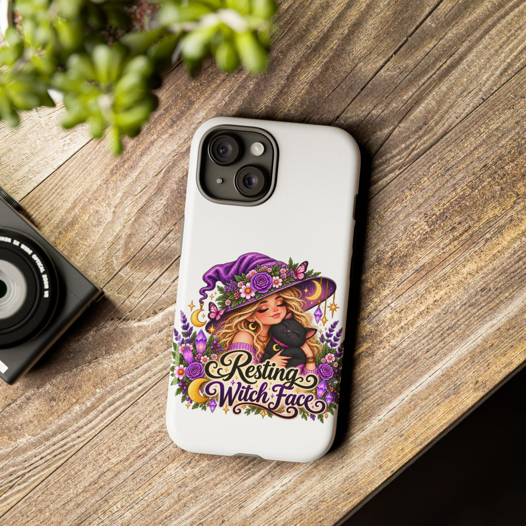 Resting Witch Face Phone Case — Cute Halloween Witch with Black Cat