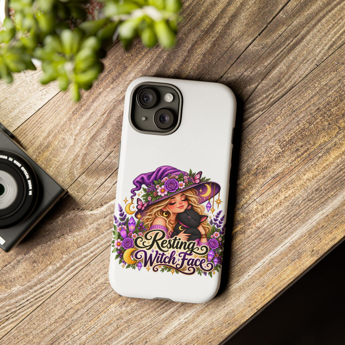 Resting Witch Face Phone Case — Cute Halloween Witch with Black Cat