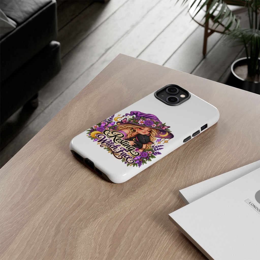 Resting Witch Face Phone Case — Cute Halloween Witch with Black Cat