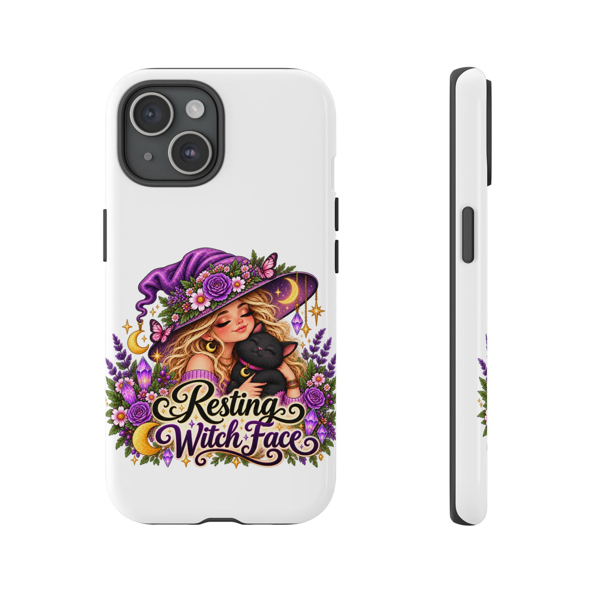 Resting Witch Face Phone Case — Cute Halloween Witch with Black Cat