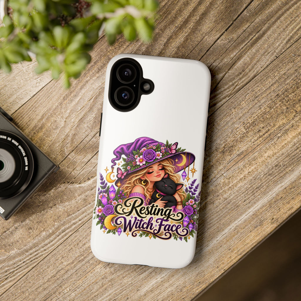 Resting Witch Face Phone Case — Cute Halloween Witch with Black Cat