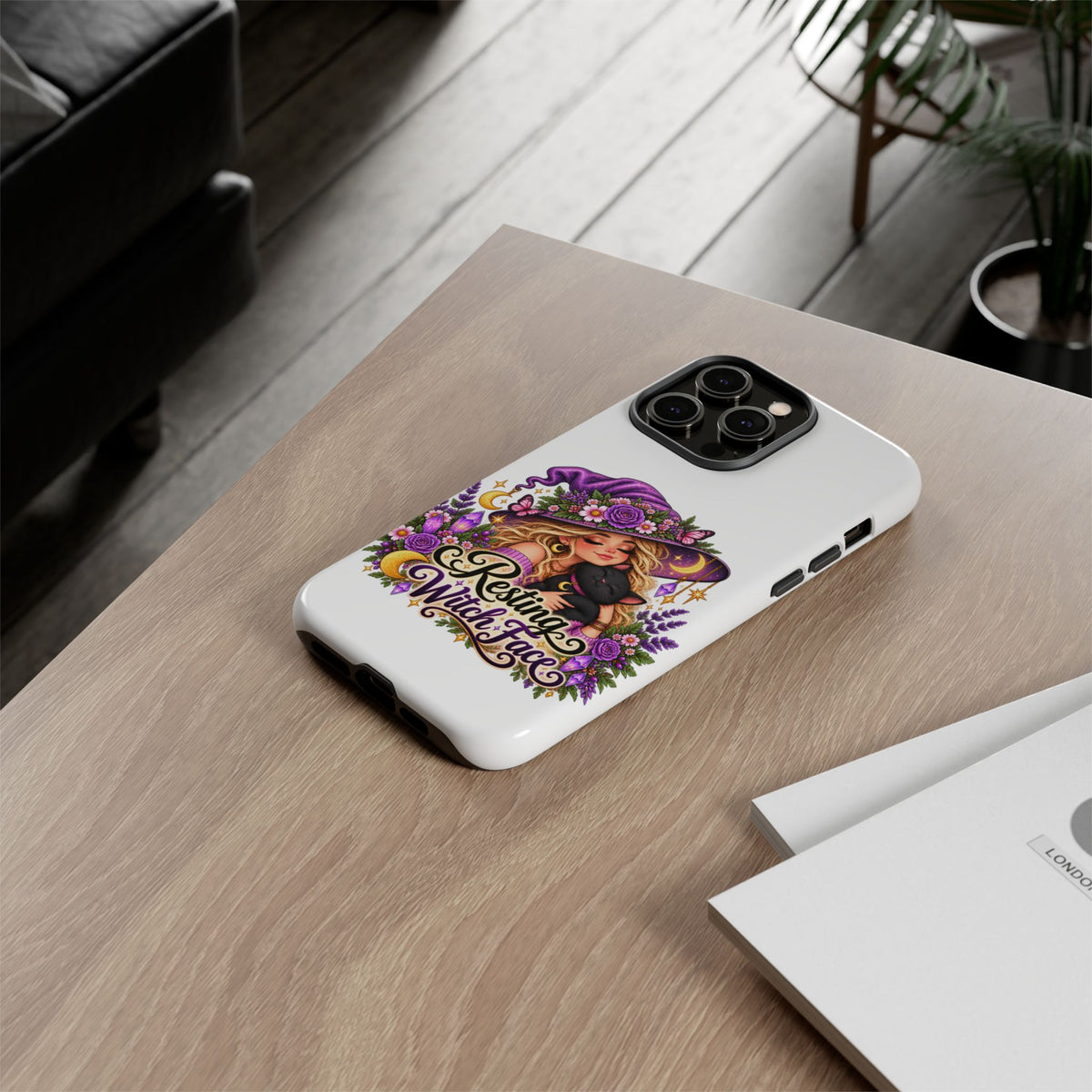 Resting Witch Face Phone Case — Cute Halloween Witch with Black Cat