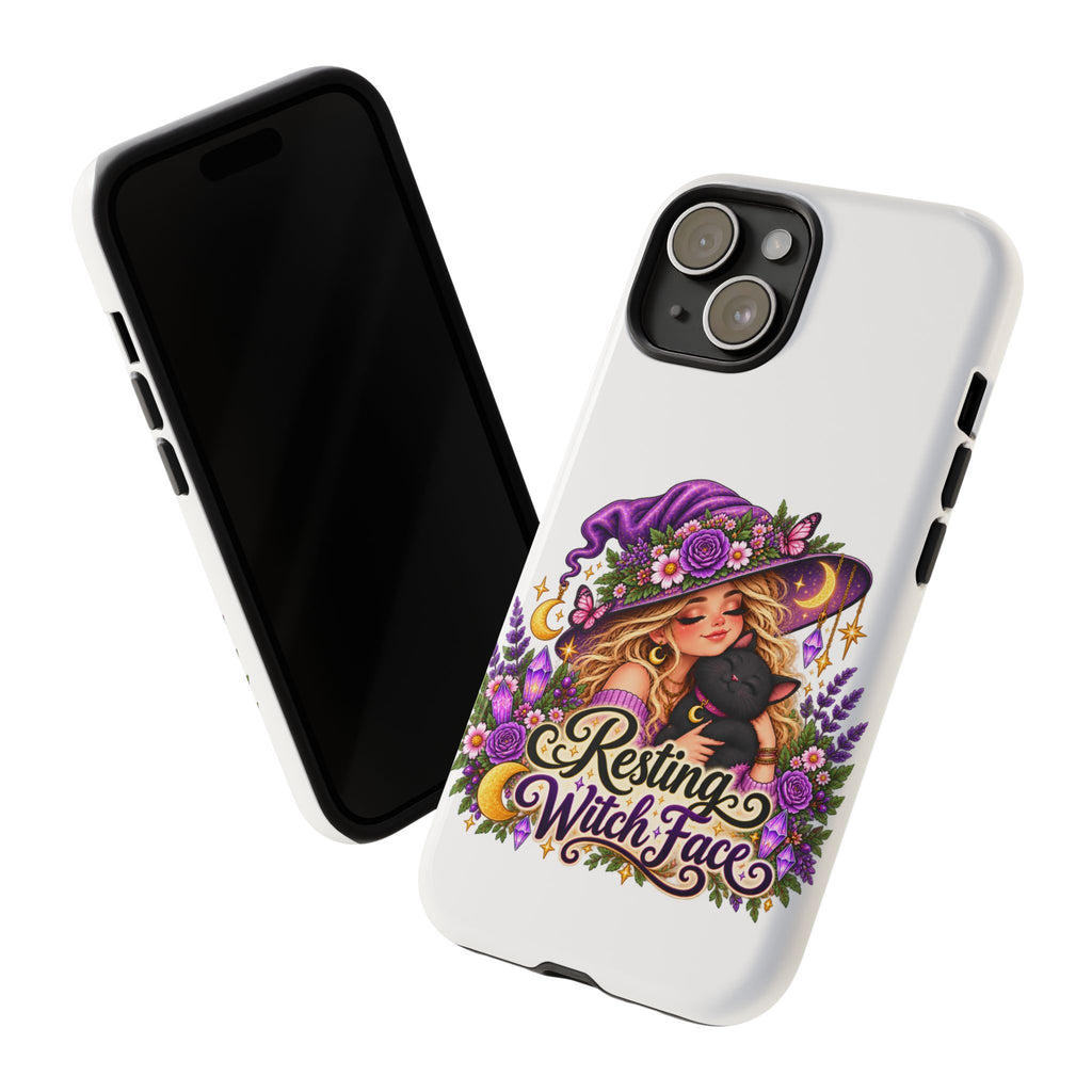 Resting Witch Face Phone Case — Cute Halloween Witch with Black Cat