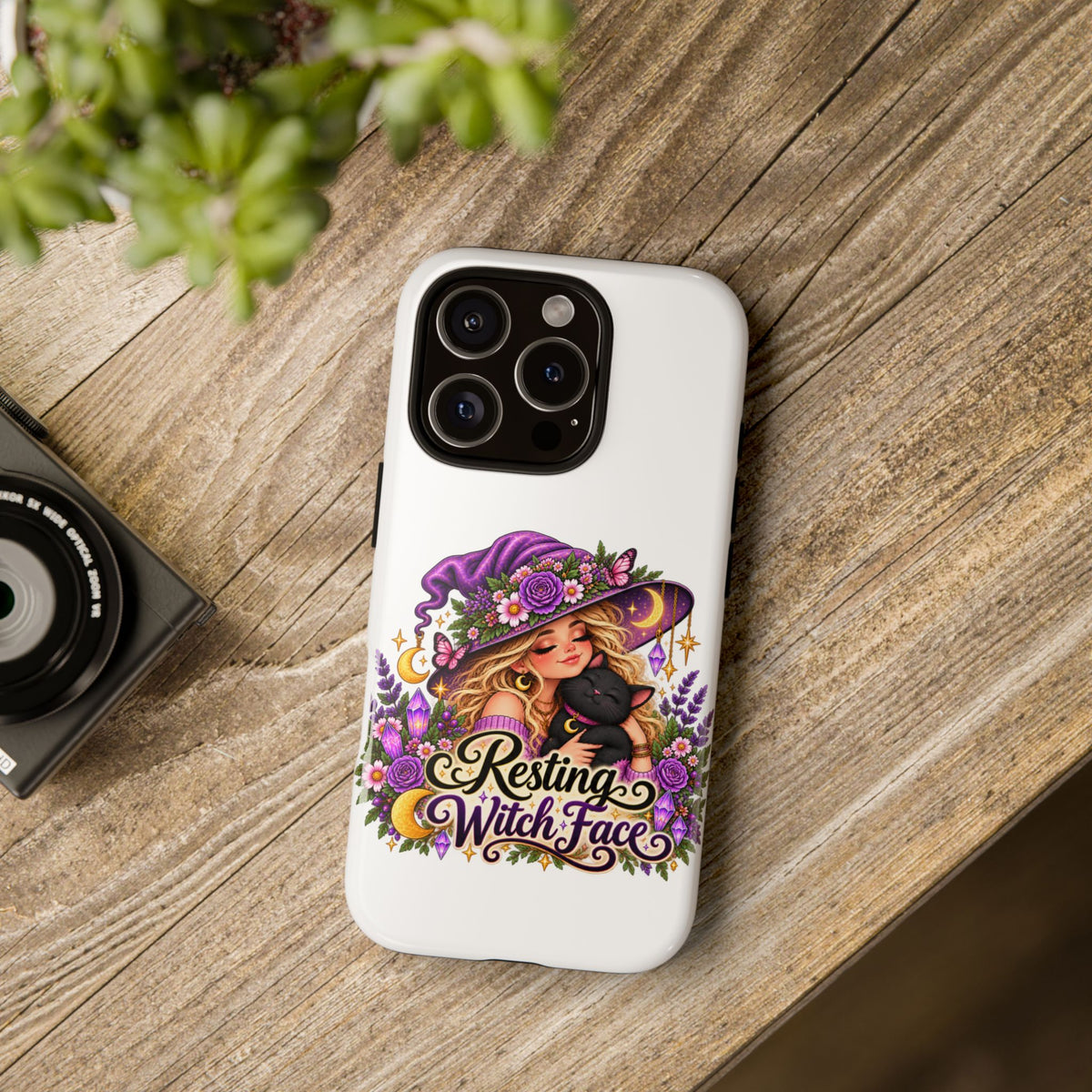 Resting Witch Face Phone Case — Cute Halloween Witch with Black Cat