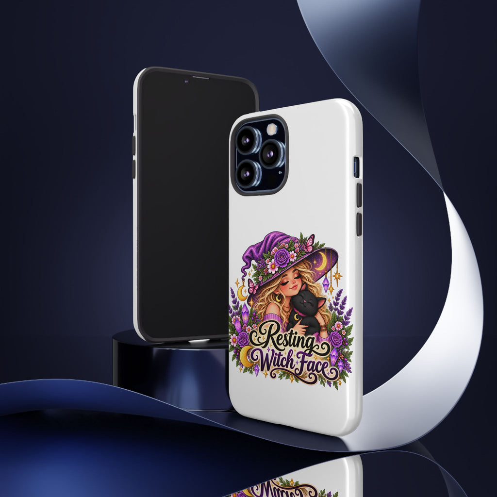 Resting Witch Face Phone Case — Cute Halloween Witch with Black Cat