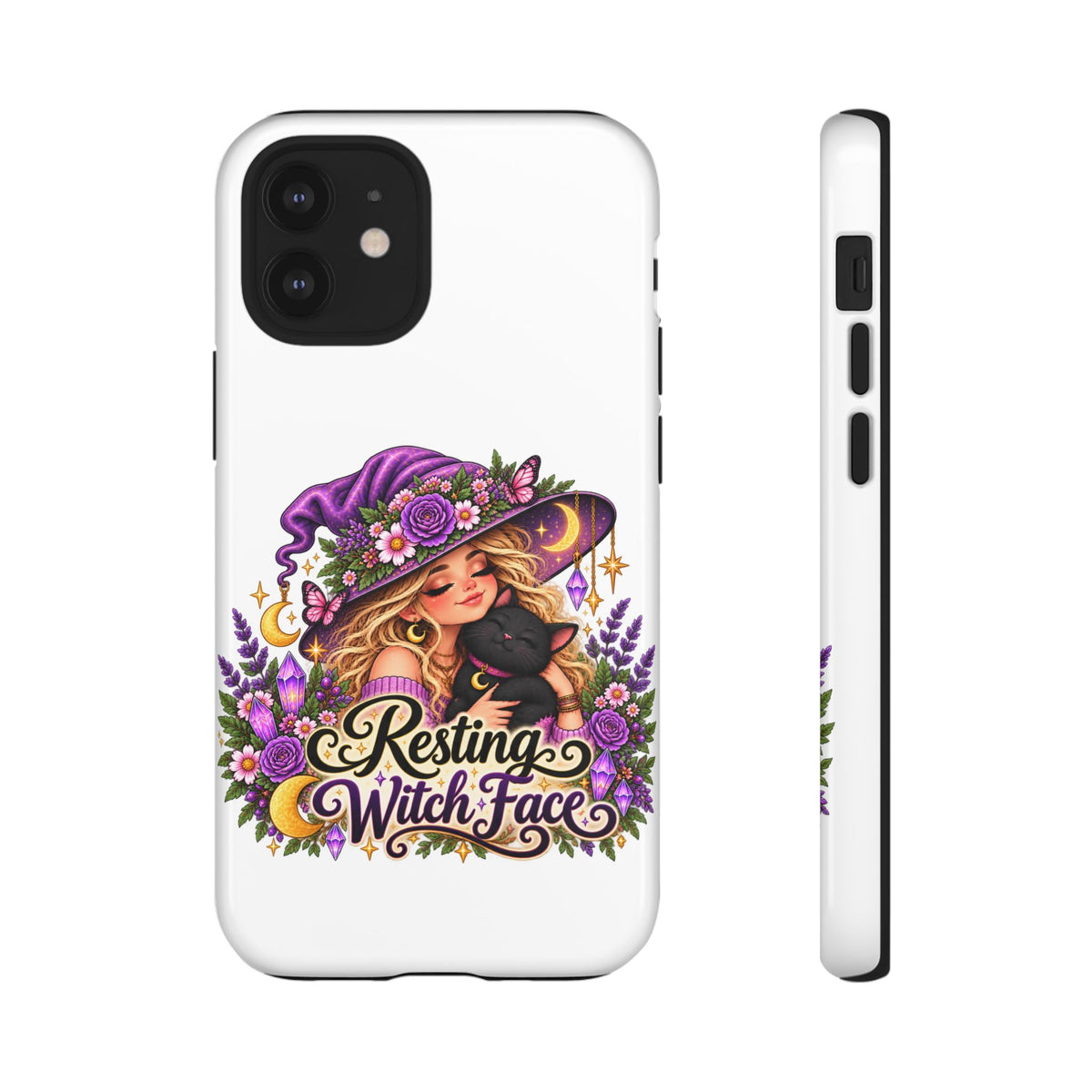 Resting Witch Face Phone Case — Cute Halloween Witch with Black Cat
