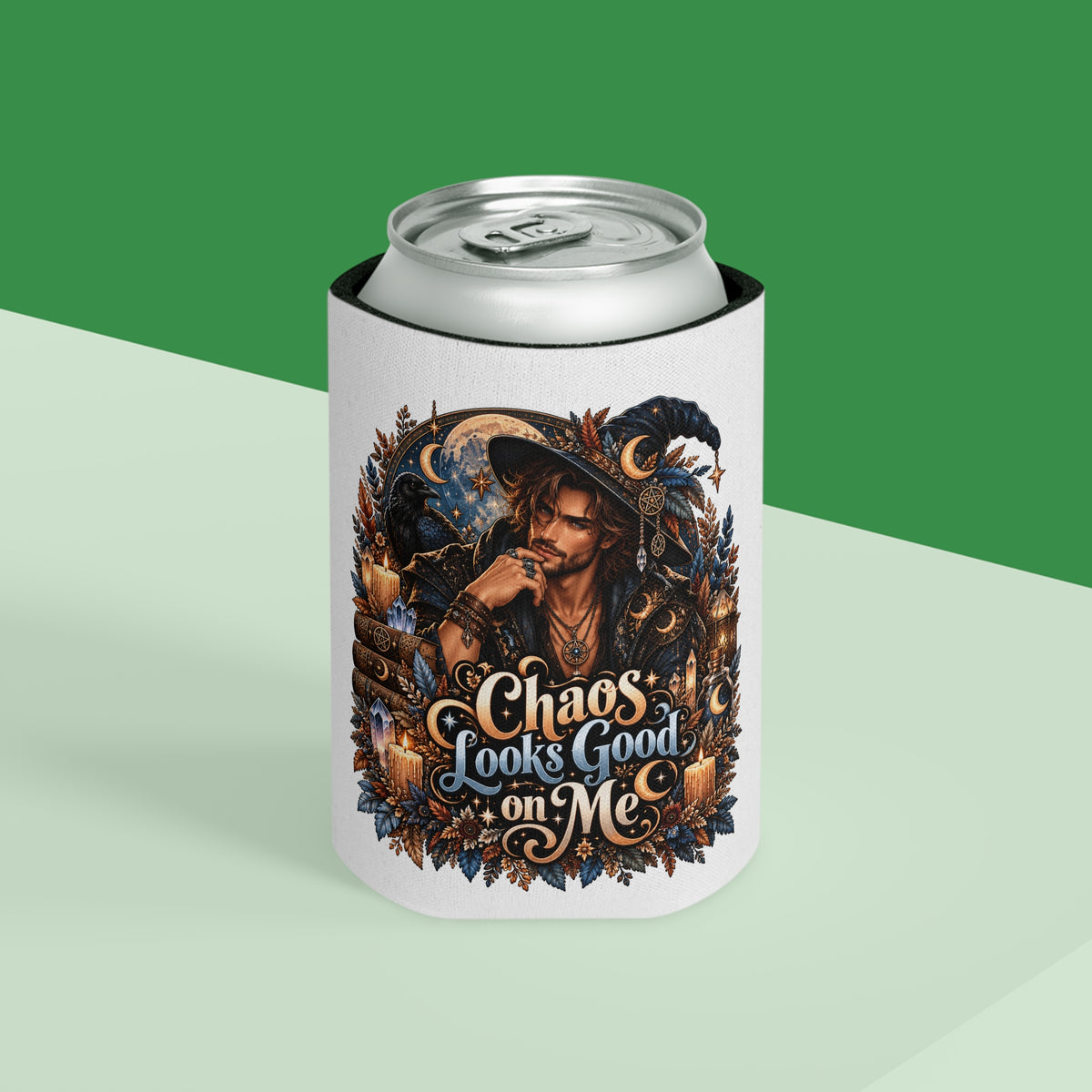 Witchy Vibes Can Cooler — "Chaos Looks Good on Me" Magical Gothic Drink Koozie