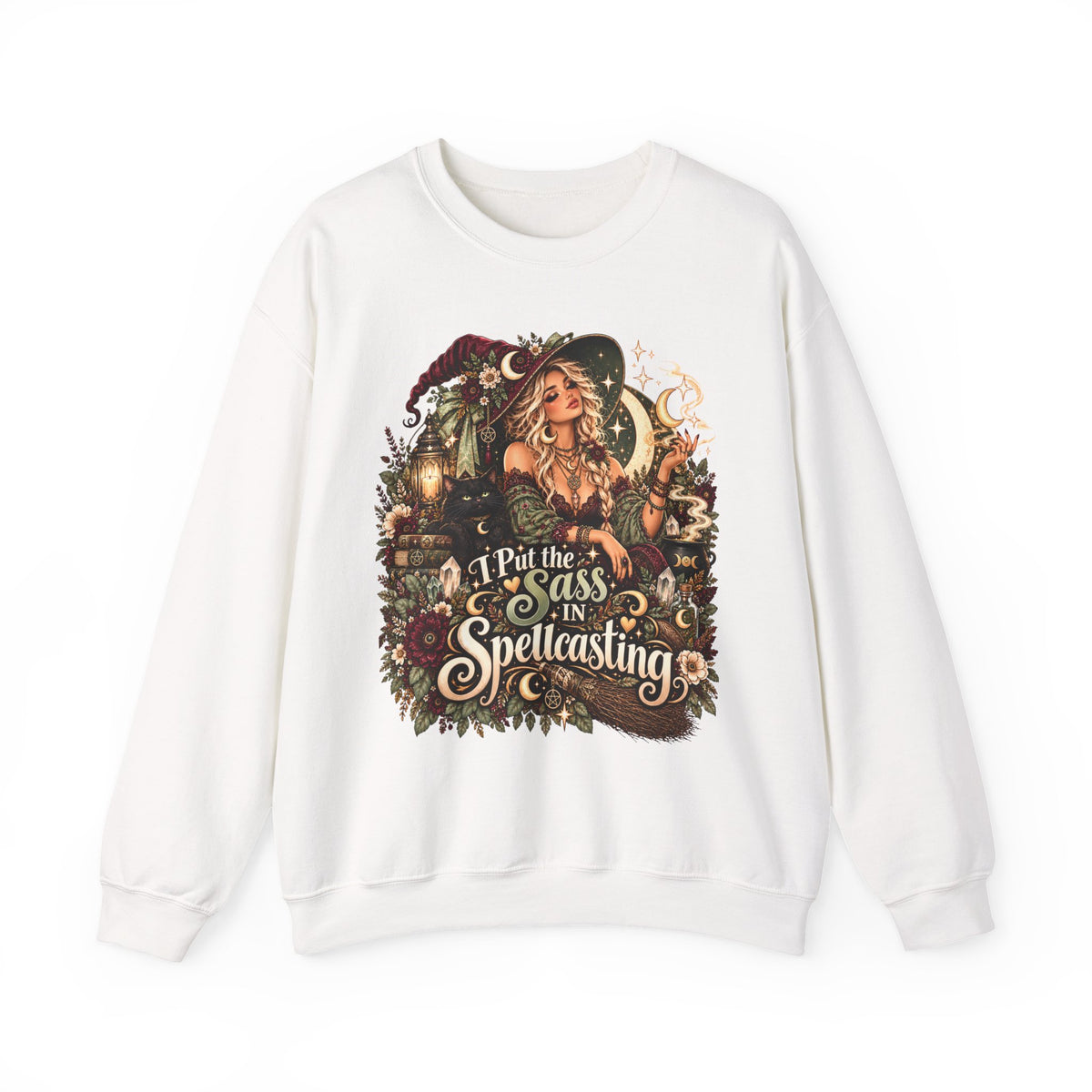 Witchy Crewneck Sweatshirt — “I Put the Sass in Spellcasting” Graphic