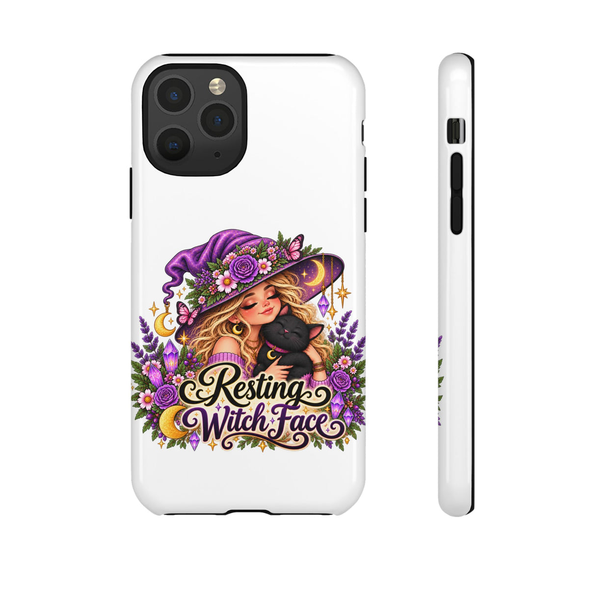 Resting Witch Face Phone Case — Cute Halloween Witch with Black Cat