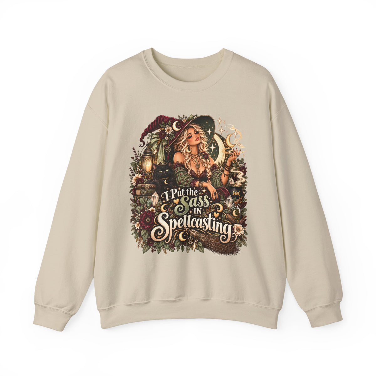 Witchy Crewneck Sweatshirt — “I Put the Sass in Spellcasting” Graphic