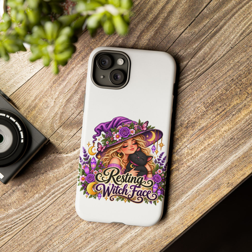 Resting Witch Face Phone Case — Cute Halloween Witch with Black Cat