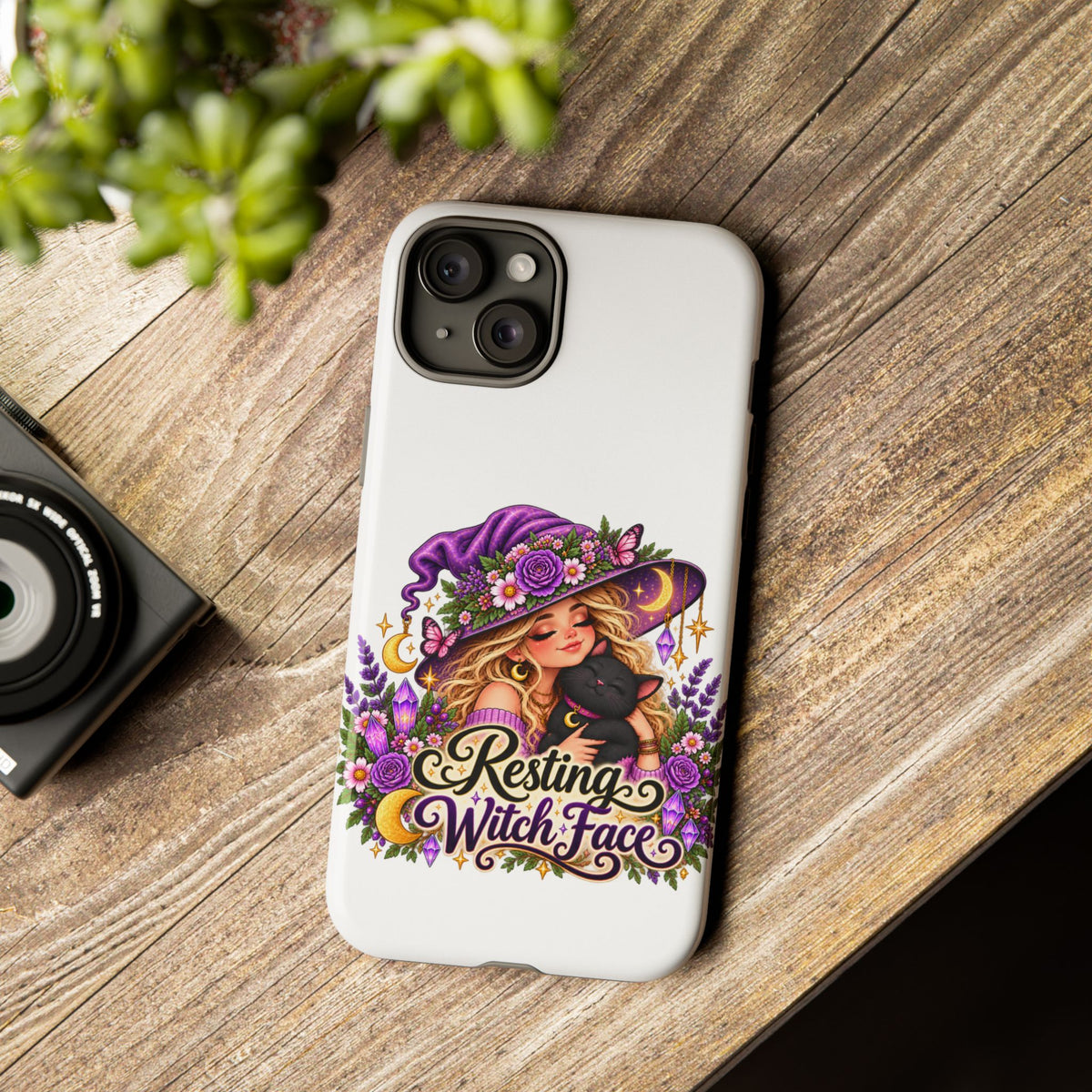 Resting Witch Face Phone Case — Cute Halloween Witch with Black Cat