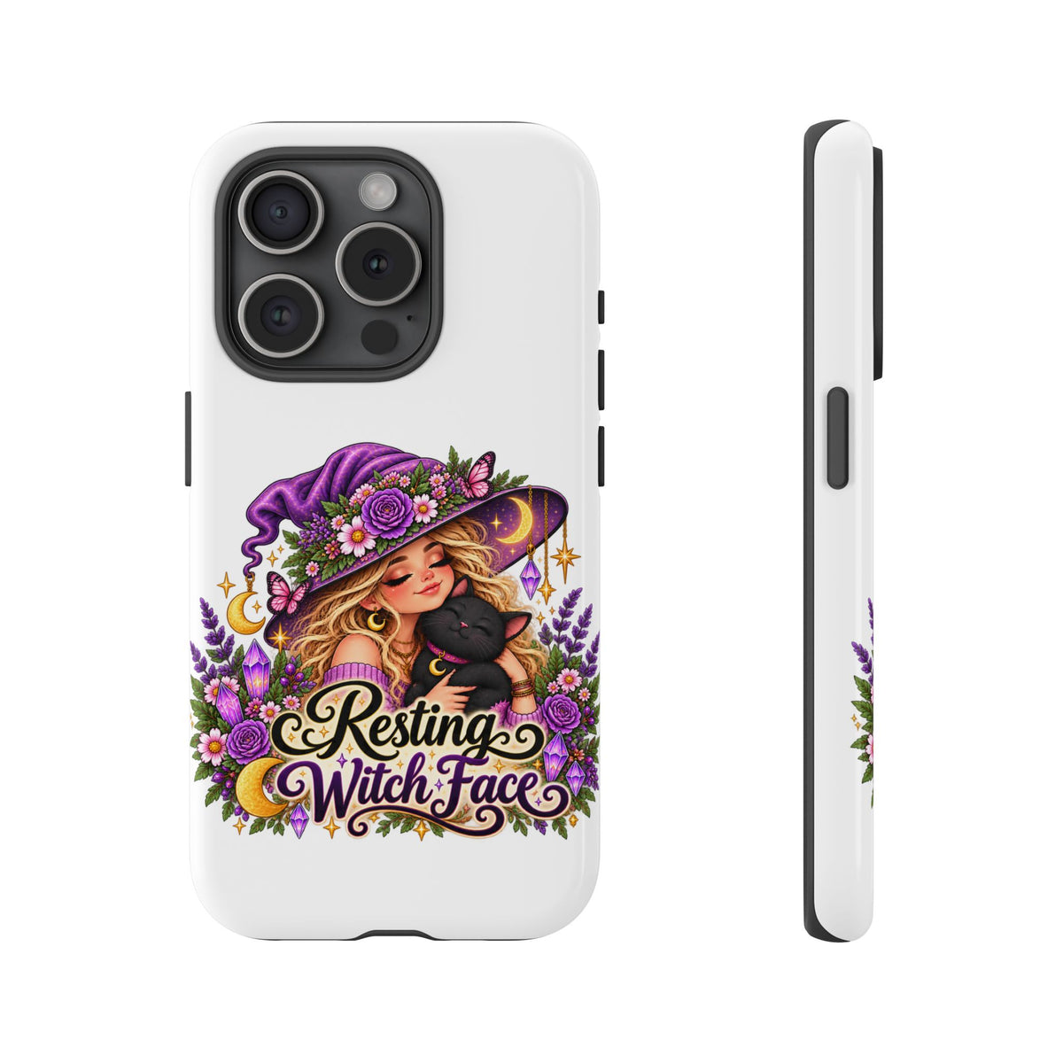 Resting Witch Face Phone Case — Cute Halloween Witch with Black Cat