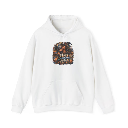 Chaos Looks Good On Me Hoodie | Halloween Witch Cat Pumpkin Design