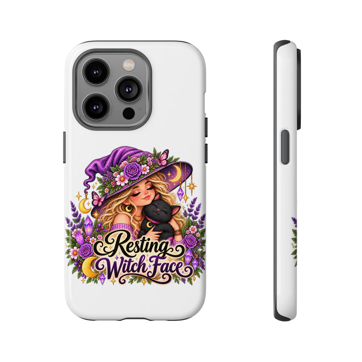 Resting Witch Face Phone Case — Cute Halloween Witch with Black Cat