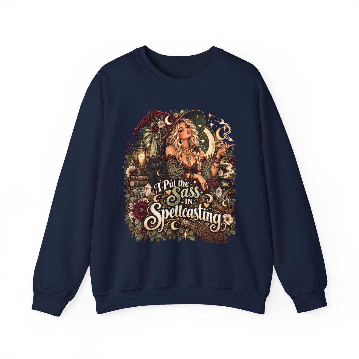Witchy Crewneck Sweatshirt — “I Put the Sass in Spellcasting” Graphic