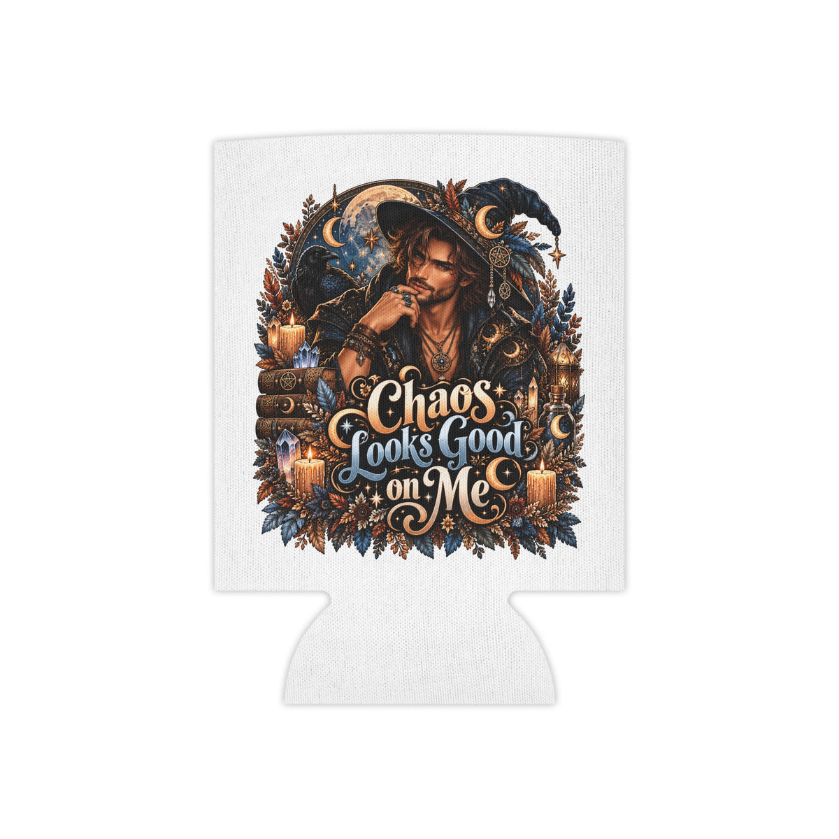 Witchy Vibes Can Cooler — "Chaos Looks Good on Me" Magical Gothic Drink Koozie