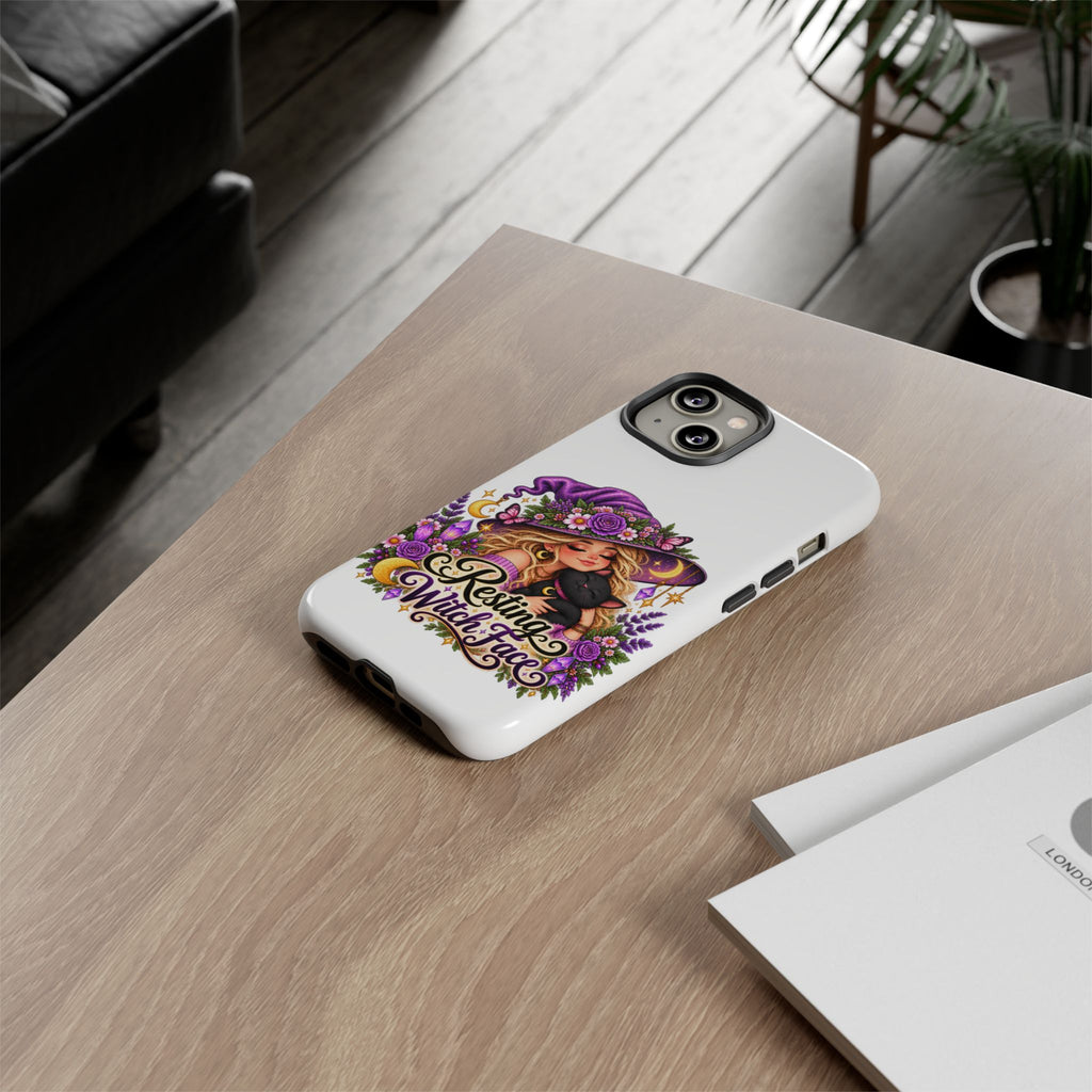 Resting Witch Face Phone Case — Cute Halloween Witch with Black Cat