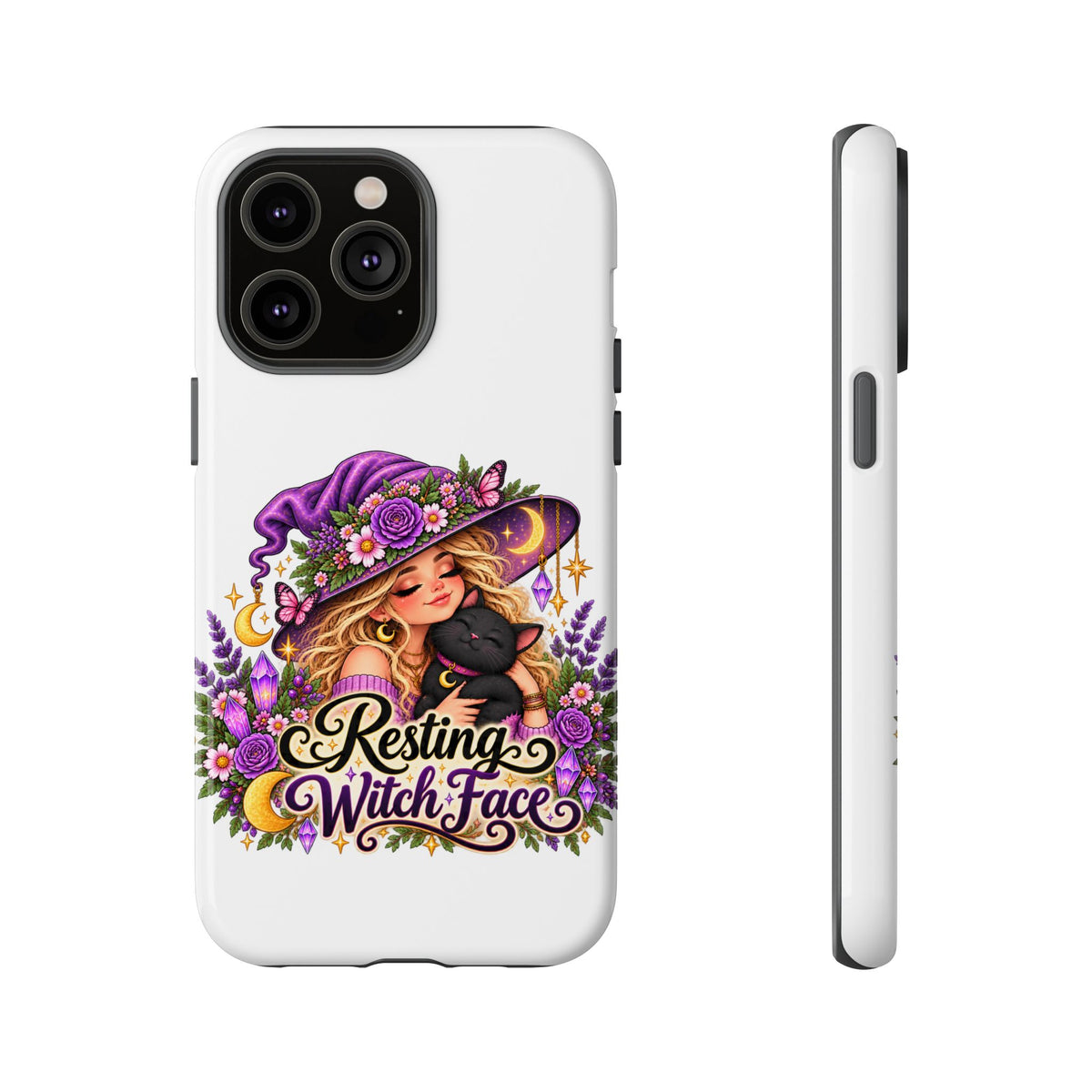 Resting Witch Face Phone Case — Cute Halloween Witch with Black Cat