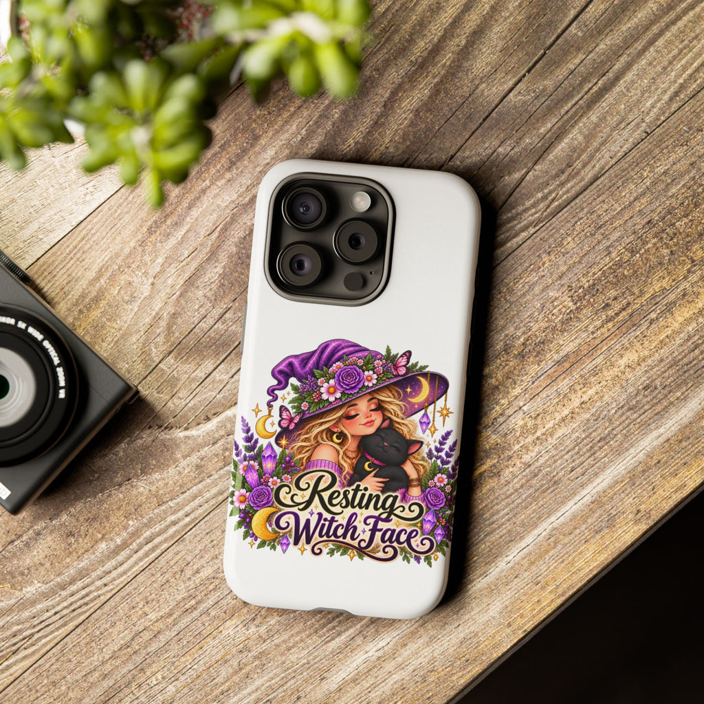 Resting Witch Face Phone Case — Cute Halloween Witch with Black Cat
