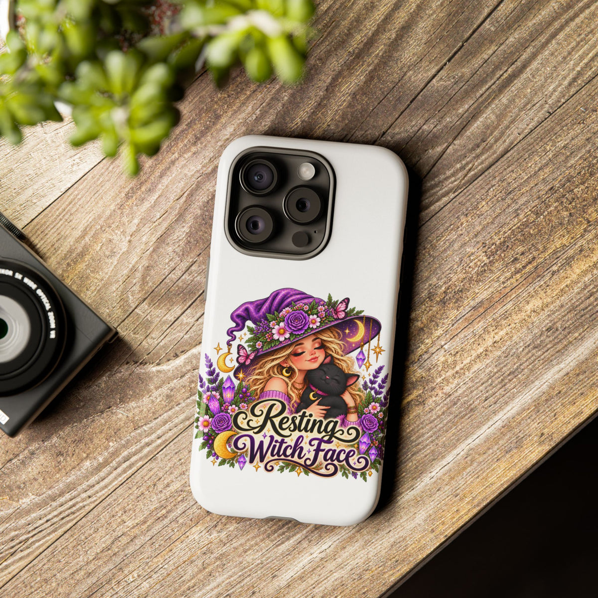 Resting Witch Face Phone Case — Cute Halloween Witch with Black Cat