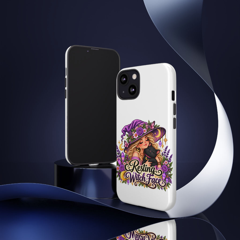 Resting Witch Face Phone Case — Cute Halloween Witch with Black Cat