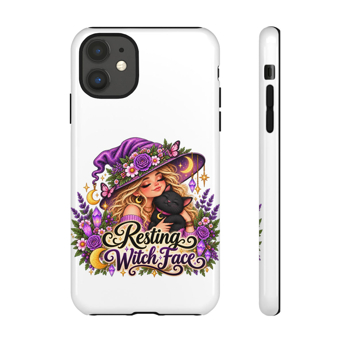 Resting Witch Face Phone Case — Cute Halloween Witch with Black Cat