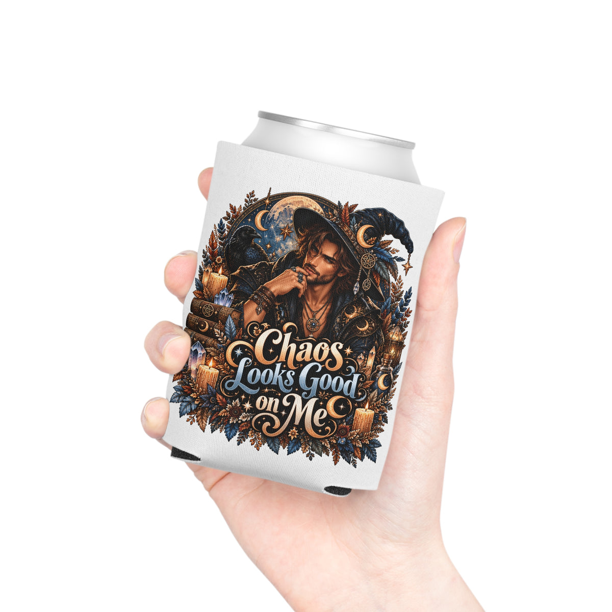 Witchy Vibes Can Cooler — "Chaos Looks Good on Me" Magical Gothic Drink Koozie
