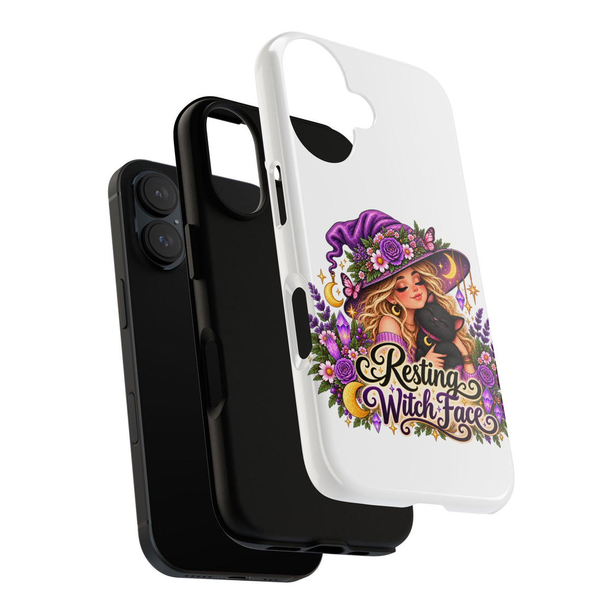 Resting Witch Face Phone Case — Cute Halloween Witch with Black Cat
