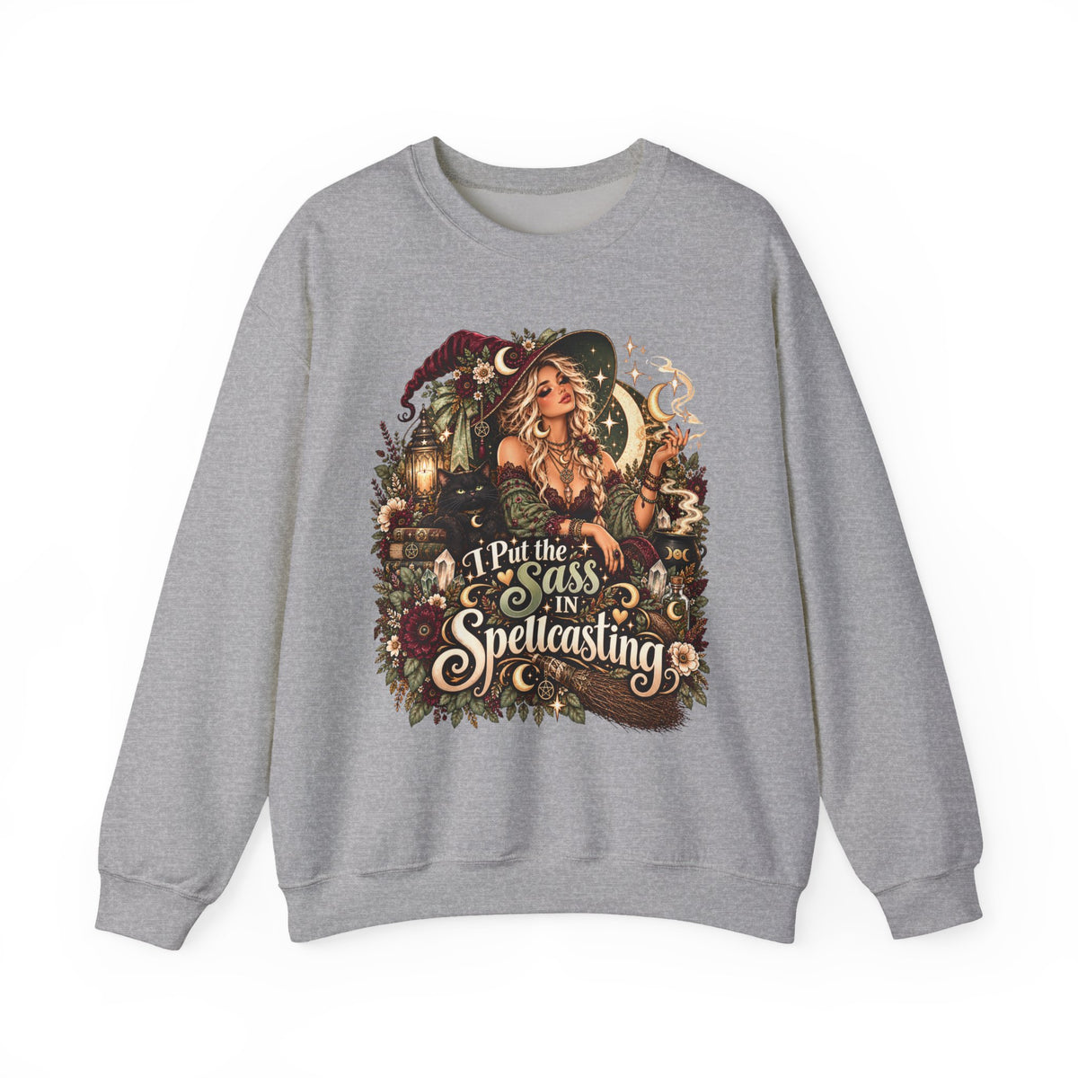 Witchy Crewneck Sweatshirt — “I Put the Sass in Spellcasting” Graphic