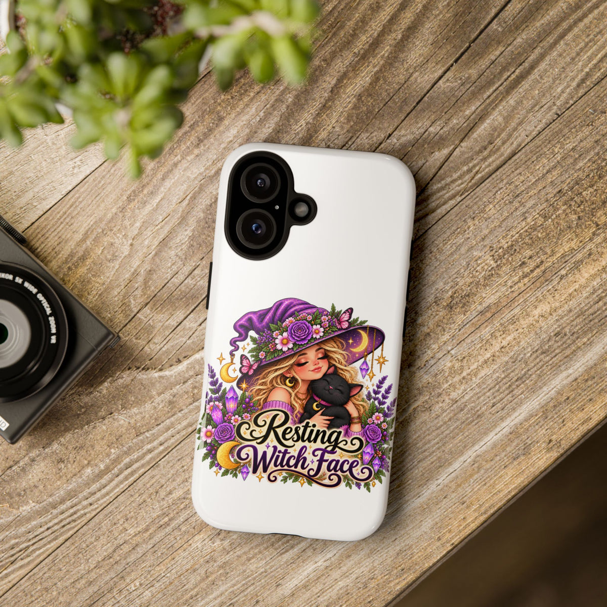 Resting Witch Face Phone Case — Cute Halloween Witch with Black Cat