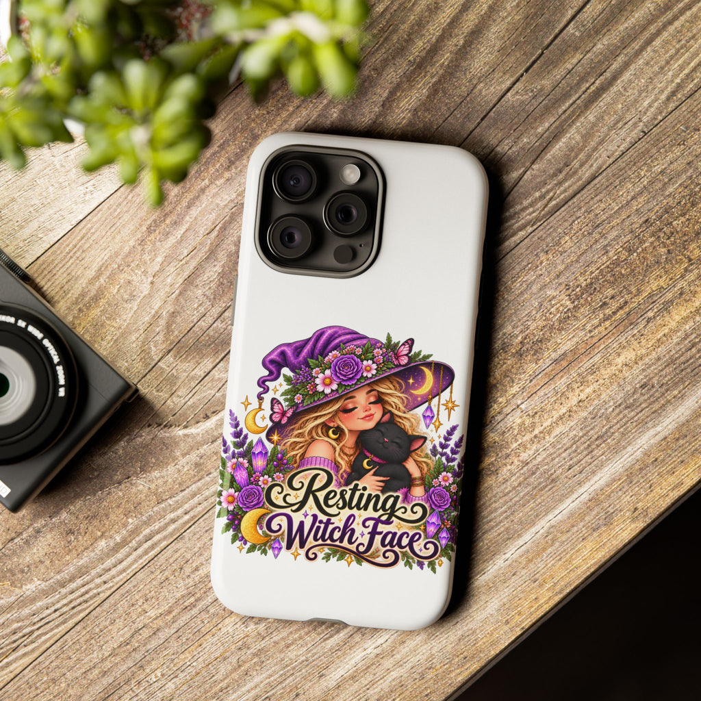 Resting Witch Face Phone Case — Cute Halloween Witch with Black Cat