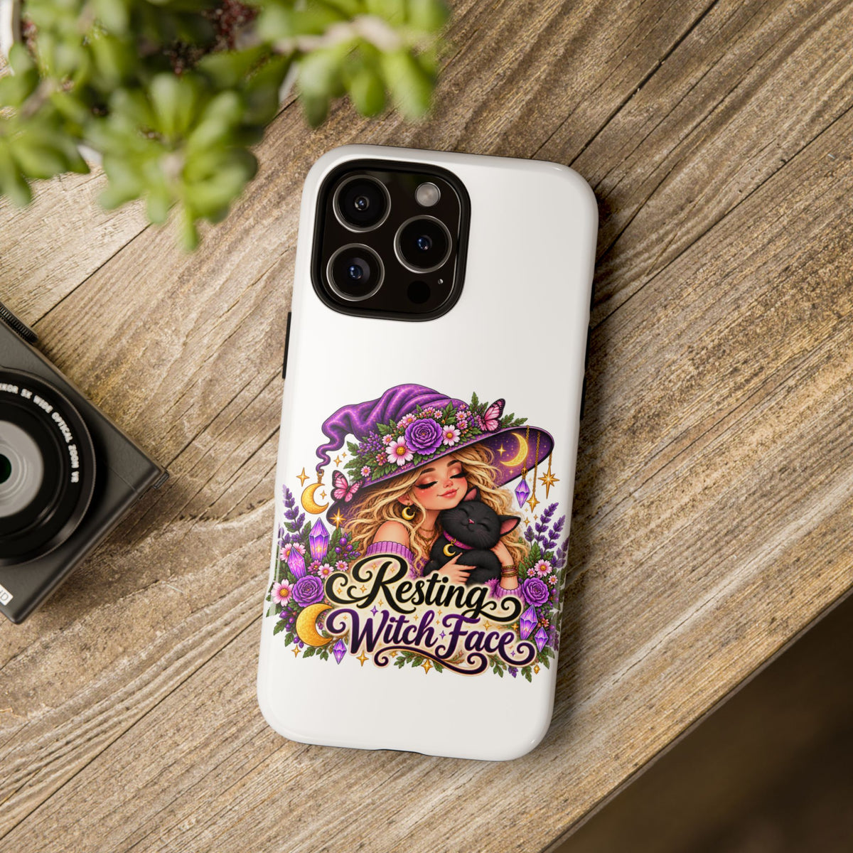 Resting Witch Face Phone Case — Cute Halloween Witch with Black Cat