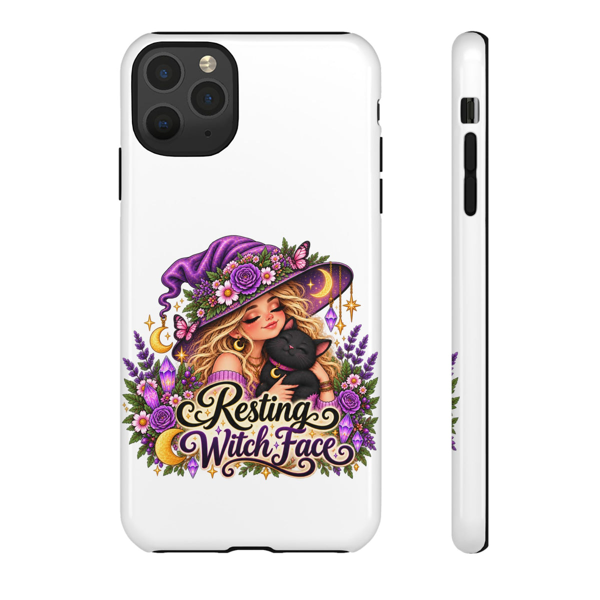 Resting Witch Face Phone Case — Cute Halloween Witch with Black Cat