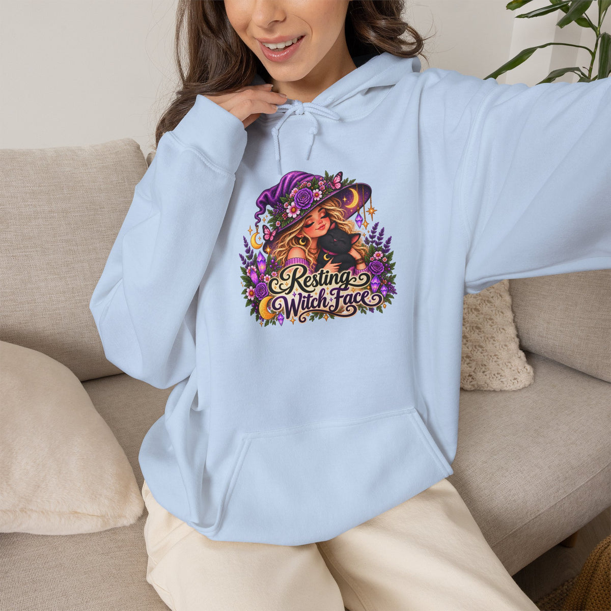 Witchy Autumn Hoodie – "Resting Witch Face" Floral Spell Graphic