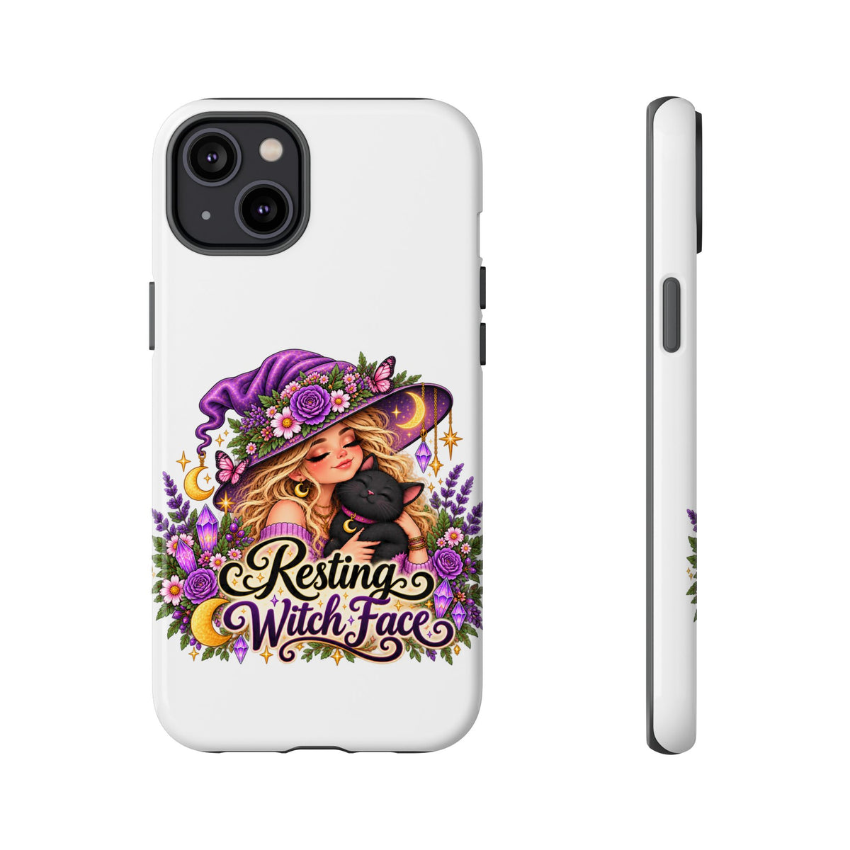 Resting Witch Face Phone Case — Cute Halloween Witch with Black Cat